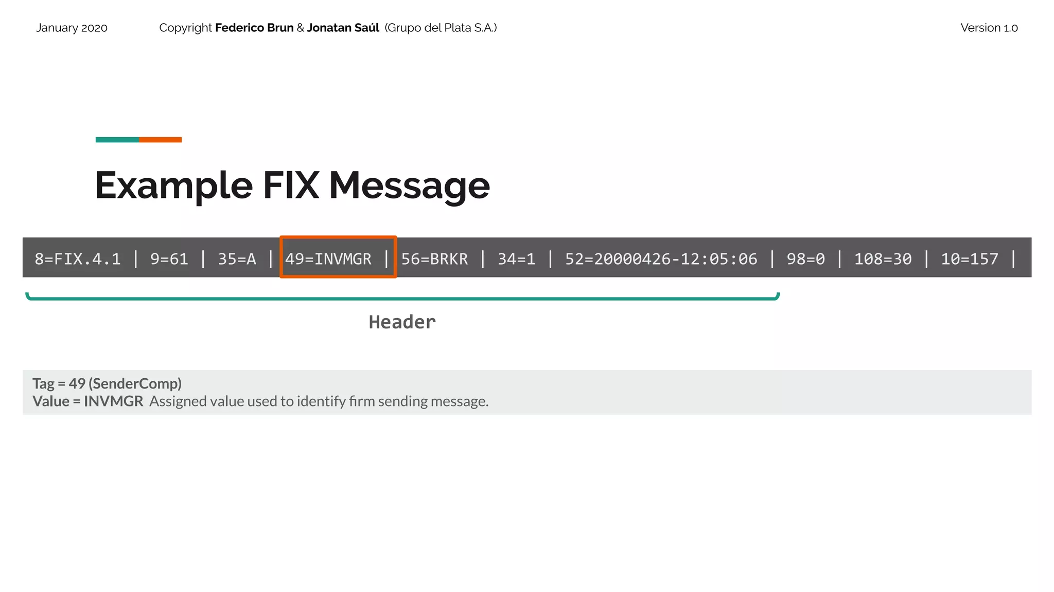 January 2020 Copyright Federico Brun & Jonatan Saúl (Grupo del Plata S.A.) Version 1.0
Example FIX Message
8=FIX.4.1 | 9=61 | 35=A | 49=INVMGR | 56=BRKR | 34=1 | 52=20000426-12:05:06 | 98=0 | 108=30 | 10=157 |
Tag = 49 (SenderComp)
Value = INVMGR Assigned value used to identify ﬁrm sending message.
Header
 