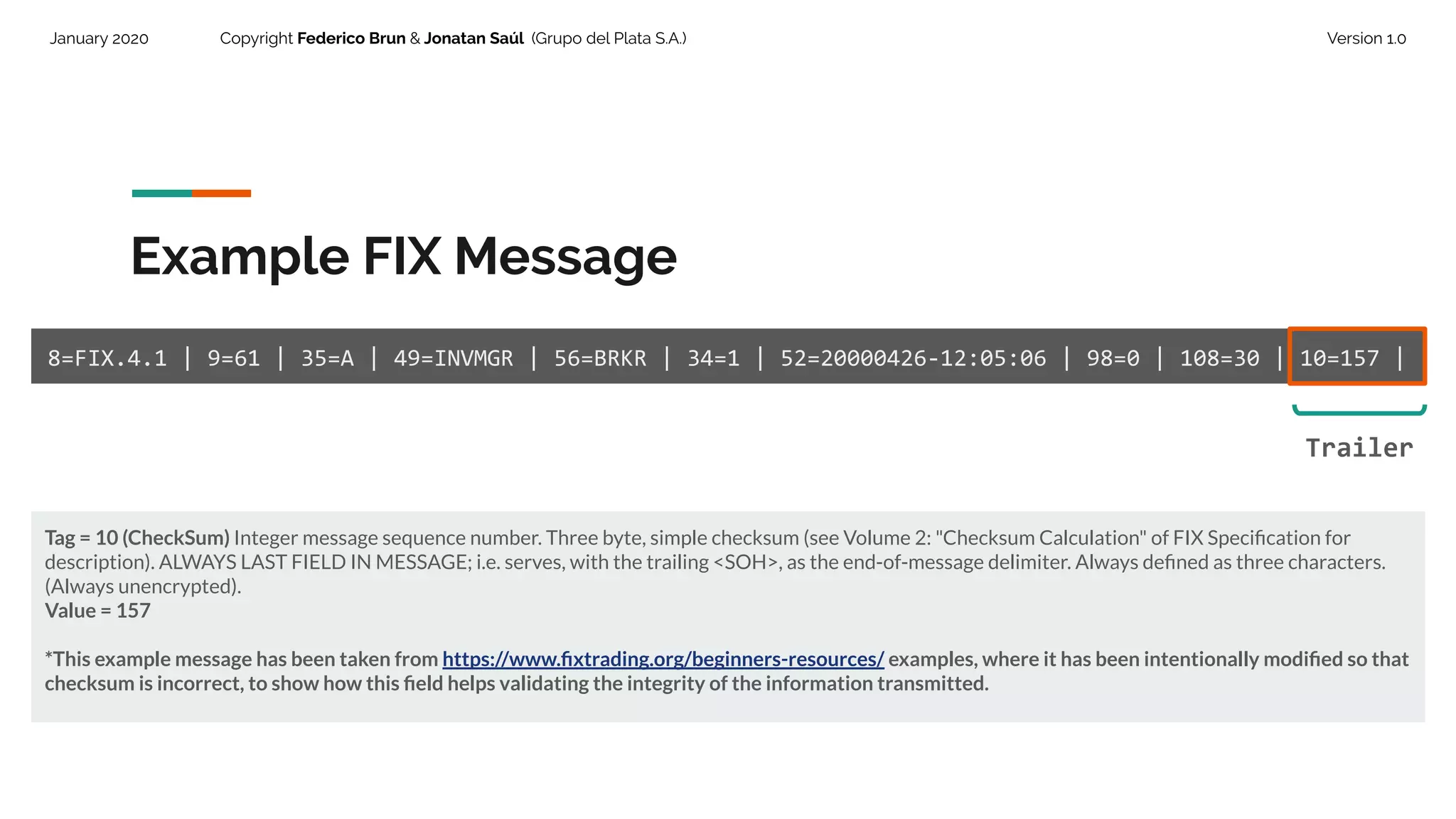 January 2020 Copyright Federico Brun & Jonatan Saúl (Grupo del Plata S.A.) Version 1.0
Example FIX Message
8=FIX.4.1 | 9=61 | 35=A | 49=INVMGR | 56=BRKR | 34=1 | 52=20000426-12:05:06 | 98=0 | 108=30 | 10=157 |
Tag = 10 (CheckSum) Integer message sequence number. Three byte, simple checksum (see Volume 2: "Checksum Calculation" of FIX Speciﬁcation for
description). ALWAYS LAST FIELD IN MESSAGE; i.e. serves, with the trailing <SOH>, as the end-of-message delimiter. Always deﬁned as three characters.
(Always unencrypted).
Value = 157
*This example message has been taken from https://www.ﬁxtrading.org/beginners-resources/ examples, where it has been intentionally modiﬁed so that
checksum is incorrect, to show how this ﬁeld helps validating the integrity of the information transmitted.
Trailer
 