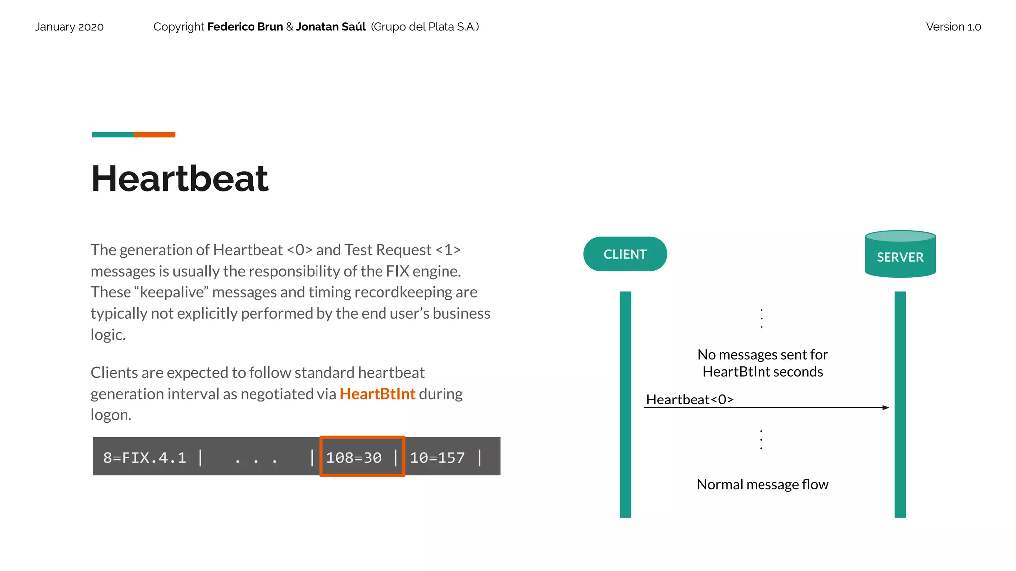 January 2020 Copyright Federico Brun & Jonatan Saúl (Grupo del Plata S.A.) Version 1.0
Heartbeat
CLIENT SERVER
...
No messages sent for
HeartBtInt seconds
Heartbeat<0>
The generation of Heartbeat <0> and Test Request <1>
messages is usually the responsibility of the FIX engine.
These “keepalive” messages and timing recordkeeping are
typically not explicitly performed by the end user’s business
logic.
Clients are expected to follow standard heartbeat
generation interval as negotiated via HeartBtInt during
logon.
8=FIX.4.1 | . . . | 108=30 | 10=157 |
...
Normal message ﬂow
 