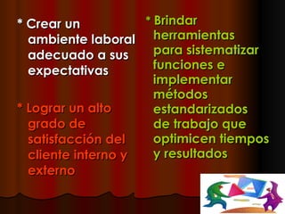* Crear un ambiente laboral adecuado a sus expectativas * Lograr un alto grado de satisfacción del cliente interno y externo *  Brindar  herramientas  para sistematizar funciones e implementar métodos estandarizados de trabajo que optimicen tiempos y resultados   