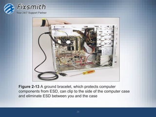 Figure 2-13 A ground bracelet, which protects computer
components from ESD, can clip to the side of the computer case
and eliminate ESD between you and the case


                                24
 