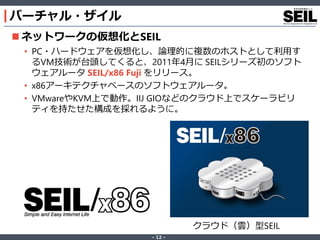 ‐ 12 ‐
バーチャル・ザイル
 ネットワークの仮想化とSEIL
• PC・ハードウェアを仮想化し、論理的に複数のホストとして利用す
るVM技術が台頭してくると、2011年4月に SEILシリーズ初のソフト
ウェアルータ SEIL/x86 Fuji をリリース。
• x86アーキテクチャベースのソフトウェアルータ。
• VMwareやKVM上で動作。IIJ GIOなどのクラウド上でスケーラビリ
ティを持たせた構成を採れるように。
クラウド（雲）型SEIL
 