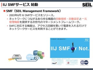 ‐ 9 ‐
IIJ SMFサービス 始動
 SMF（SEIL Management Framework）
• 2003年6月 IIJ SMFサービスをリリース。
• ネットワークにつながるあらゆる機器の自動接続・自動設定と一元
管理機能を提供する次世代のマネージメントフレームワーク。
• SMFに対応する機器は、アクセス回線を繋いで電源を入れるだけで
ネットワークサービスを利用することができます。
 