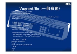 Vagrant.configure("2") do |config|
config.vm.box = "seilx86-592"
config.vm.network "private_network",:auto_config => false, virtualbox__intnet:
"technightnw"
# config parameter
server_address = <SERVER IPaddress>
presharedkey = "SecretKey"
userid = "technight"
password = "PASSWORD"
config.vm.provision :seil do |seil|
seil.starter_key = File.read("starterkey.txt")
seil.function_key = File.read("functionkey.txt")
seil.config = <<-EOM
hostname technight01
~ snip ~
interface lan1 add 192.168.0.1/24
EOM
end
end
 