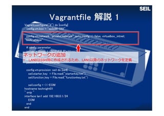 Vagrant.configure("2") do |config|
config.vm.box = "seilx86-592"
config.vm.network "private_network",:auto_config => false, virtualbox__intnet:
"technightnw"
# config parameter
server_address = <SERVER IPaddress>
presharedkey = "SecretKey"
userid = "technight"
password = "PASSWORD"
config.vm.provision :seil do |seil|
seil.starter_key = File.read("starterkey.txt")
seil.function_key = File.read("functionkey.txt")
seil.config = <<-EOM
hostname technight01
~ snip ~
interface lan1 add 192.168.0.1/24
EOM
end
end
ネットワークの追加
• LAN0はSSH⽤に作成されるため、LAN1以降のネットワークを定義
 