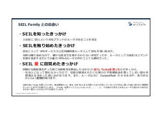 Copyright Internet Initiative Japan Inc.
SEIL Family との出会い
・SEILを知ったきっかけ
⼊社前に SEILという⾃社ブランドのルータがあることを知る
・SEIL 愛 に⽬覚めたきっかけ
同期が社販制度を作った時に当時発売を開始したばかりの SEIL Turboを買ったのがきっかけ。
・ 社 会 ⼈ に な っ て 間 も な か っ た の で 、 社 割 が 適 ⽤ さ れ た に も 関 わ ら ず ⾼ 額 商 品 を 買 っ て し ま い 数 カ ⽉
間 貧 乏 ⽣ 活 を し た 思 い 出 が あ り ま す 。 ま た 、 ル ー タ な の に CompactFlash が さ せ る 点 や 、 ⾒ た ⽬ も
カッコよく重厚感があります。
当時 SEIL Turbo を買ったときに SEIL開発の⼈に SEIL 2FE Plus を 4台買ったほうが安くていろいろできると買った後に⾔われて衝撃的
だったことを今でも覚えています。（Turbo を買うってことじゃないんだ。。。。と、でも後から考えてみるとルータで遊ぶのであれば、
それも⼀案だったかなと今でも覚えています。）
・SEILを触り始めたきっかけ
会社に⼊って VPNサービスの上位回線終端ルータとしてSEILを使い始めた。
当時は触り始めなので、細かな設定⽅法等がわからない状況だったが、ルータとしての設定はコマンド
を数⾏設定するだけで⼤量の PPPoEルータが作れてとても便利だった。
 
