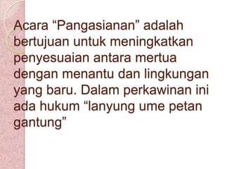 Acara “Pangasianan” adalah
bertujuan untuk meningkatkan
penyesuaian antara mertua
dengan menantu dan lingkungan
yang baru. Dalam perkawinan ini
ada hukum “lanyung ume petan
gantung”

 
