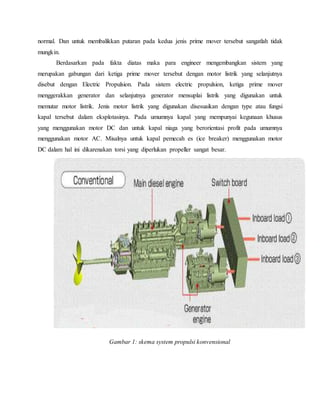 normal. Dan untuk membalikkan putaran pada kedua jenis prime mover tersebut sangatlah tidak
mungkin.
Berdasarkan pada fakta diatas maka para engineer mengembangkan sistem yang
merupakan gabungan dari ketiga prime mover tersebut dengan motor listrik yang selanjutnya
disebut dengan Electric Propulsion. Pada sistem electric propulsion, ketiga prime mover
menggerakkan generator dan selanjutnya generator mensuplai listrik yang digunakan untuk
memutar motor listrik. Jenis motor listrik yang digunakan disesuaikan dengan type atau fungsi
kapal tersebut dalam eksplotasinya. Pada umumnya kapal yang mempunyai kegunaan khusus
yang menggunakan motor DC dan untuk kapal niaga yang berorientasi profit pada umumnya
menggunakan motor AC. Misalnya untuk kapal pemecah es (ice breaker) menggunakan motor
DC dalam hal ini dikarenakan torsi yang diperlukan propeller sangat besar.
Gambar 1: skema system propulsi konvensional
 
