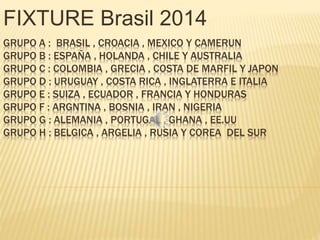 FIXTURE Brasil 2014 
GRUPO A : BRASIL , CROACIA , MEXICO Y CAMERUN 
GRUPO B : ESPAÑA , HOLANDA , CHILE Y AUSTRALIA 
GRUPO C : COLOMBIA , GRECIA , COSTA DE MARFIL Y JAPON 
GRUPO D : URUGUAY , COSTA RICA , INGLATERRA E ITALIA 
GRUPO E : SUIZA , ECUADOR , FRANCIA Y HONDURAS 
GRUPO F : ARGNTINA , BOSNIA , IRAN , NIGERIA 
GRUPO G : ALEMANIA , PORTUGAL , GHANA , EE.UU 
GRUPO H : BELGICA , ARGELIA , RUSIA Y COREA DEL SUR 
 