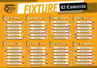 FIXTURE Desdeel18deNoviembrehastael18deDiciembredel2022
GRUPO
A QATAR SENEGAL
ECUADOR PAÌSES BAJOS
QATAR
PAÍSES BAJOS
ECUADOR
QATAR
ECUADOR
PAÍSES BAJOS
SENEGAL
PAISES BAJOS
SENEGAL
ECUADOR
SENEGAL
QATAR
Domingo 20 de noviembre - 11:00 am
Lunes 21 de noviembre - 11:00 am
Viernes 25 de noviembre - 8:00 am
Martes 29 de noviembre - 11:00 am
Domingo 20 de noviembre - 10:00 am
Martes 29 de noviembre - 10:00 am
GRUPO
B INGLATERRA GALES
IRÁN EE.UU.
EE.UU.
INGLATERRA
IRÁN
INGLATERRA
EE.UU.
IRÁN
GALES
EE.UU.
INGLATERRA
GALES
GALES
IRÁN
Lunes 21 de noviembre - 2:00 pm
Viernes 25 de noviembre - 5:00 am
Viernes 25 de noviembre - 2:00 pm
Martes 29 de noviembre - 2:00 pm
Martes 29 de noviembre - 2:00 pm
Lunes 21 de noviembre - 8:00 am
GRUPO
E ESPAÑA JAPÓN
COSTARICA ALEMANIA
COSTA RICA
ESPAÑA
ALEMANIA
ESPAÑA
JAPÓN
ALEMANIA
ALEMANIA
COSTA RICA
ESPAÑA
JAPÓN
COSTA RICA
JAPÓN
Miércoles 23 de noviembre - 8:00 am
Domingo 27 de noviembre - 5:00 am
Domingo 27 de noviembre - 2:00 pm
Jueves 1 de diciembre - 2:00 pm
Jueves 1 de diciembre - 2:00 pm
Miércoles 23 de noviembre - 11:00 am
GRUPO
F BÉLGICA CROACIA
CANADÁ MARRUECOS
CANADÁ
BÉLGICA
MARRUECOS
BÉLGICA
CROACIA
MARRUECOS
MARRUECOS
CANADÁ
CANADÁ
CROACIA
BÉLGICA
CROACIA
Miércoles 23 de noviembre - 5:00 am
Domingo 27 de noviembre - 8:00 am
Domingo 27 de noviembre - 11:00 am
Jueves 1 de diciembre - 10:00 am
Jueves 1 de diciembre - 10:00 am
Miércoles 23 de noviembre - 2:00 pm
Viernes 2 de diciembre - 10:00 am
GRUPO
H PORTUGAL COREADELSUR
GHANA URUGUAY
URUGUAY
PORTUGAL
GHANA
PORTUGAL
COREA DEL SUR
URUGUAY
GHANA
COREA DEL SUR
URUGUAY
GHANA
Jueves 24 de noviembre - 11:00 am
Lunes 28 de noviembre - 8:00 am
Lunes 28 de noviembre - 2:00 pm
Viernes 2 de diciembre - 10:00 am
Jueves 24 de noviembre - 8:00 am
PORTUGAL
COREA DEL SUR
GRUPO
G BRASIL CAMERÚN
SERBIA SUIZA
SUIZA
BRASIL
SERBIA
BRASIL
CAMERÚN
SUIZA
SERBIA
CAMERÚN
SUIZA
SERBIA
Jueves 24 de noviembre - 2:00 pm
Lunes 28 de noviembre - 5:00 am
Lunes 28 de noviembre - 11:00 am
Viernes 2 de diciembre - 2:00 pm
Jueves 24 de noviembre - 5:00 am
BRASIL
CAMERÚN
Viernes 2 de diciembre - 2:00 pm
GRUPO
D FRANCIA TÚNEZ
AUSTRALIA DINAMARCA
DINAMARCA
FRANCIA
AUSTRALIA
FRANCIA
TÚNEZ
DINAMARCA
AUSTRALIA
TÚNEZ
FRANCIA
TÚNEZ
DINAMARCA
AUSTRALIA
Martes 22 de noviembre - 8:00 am
Sábado 26 de noviembre - 5:00 am
Sábado 26 de noviembre - 11:00 am
Miércoles 30 de noviembre - 10:00 am
Miércoles 30 de noviembre - 10:00 am
Martes 22 de noviembre - 2:00 pm
GRUPO
C ARGENTINA POLONIA
ARABIASAUDITA MÉXICO
MÉXICO
ARGENTINA
ARABIA SAUDITA
ARGENTINA
POLONIA
MÉXICO
ARABIA SAUDITA
POLONIA
ARGENTINA
POLONIA
MÉXICO
ARABIA SAUDITA
Martes 22 de noviembre - 5:00 am
Martes 22 de noviembre - 11:00 am
Sábado 26 de noviembre - 8:00 am
Sábado 26 de noviembre - 2:00 pm
Miércoles 30 de noviembre - 2:00 pm
Miércoles 30 de noviembre - 2:00 pm
 