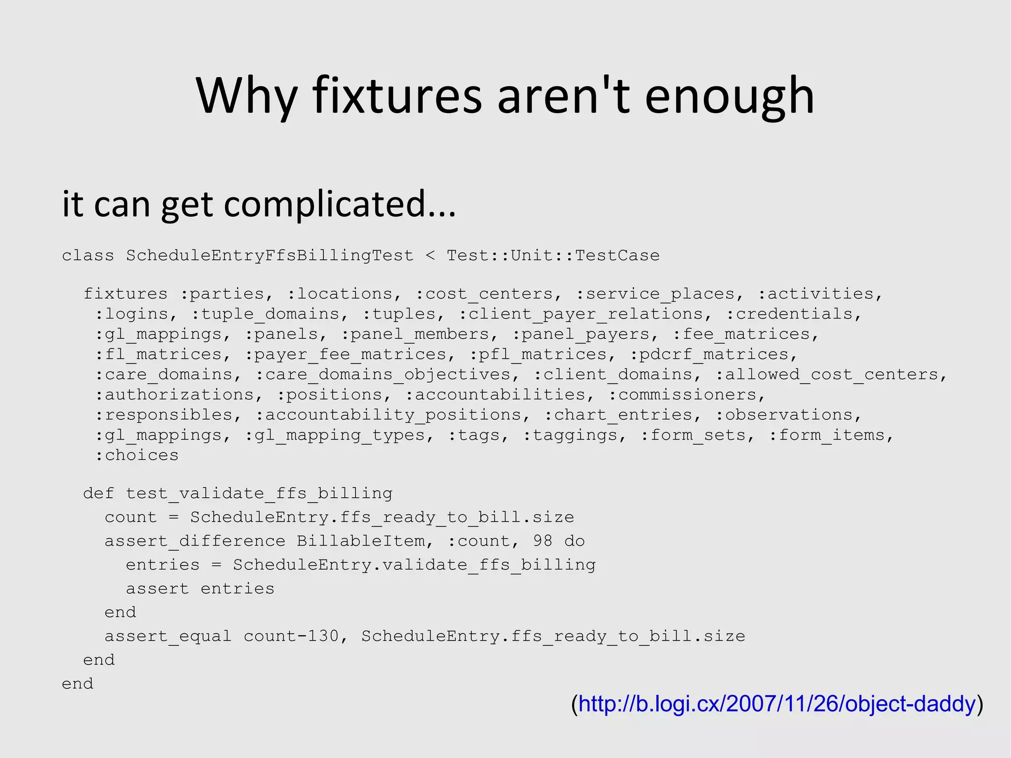 Why fixtures aren't enough information scattered over many files 