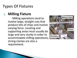 1. Milling Fixture
Milling operations tend to
involve large, straight cuts that
produce lots of chips and involve
varying force. Locating and
supporting areas must usually be
large and very sturdy in order to
accommodate milling operations;
strong clamps are also a
requirement.
 