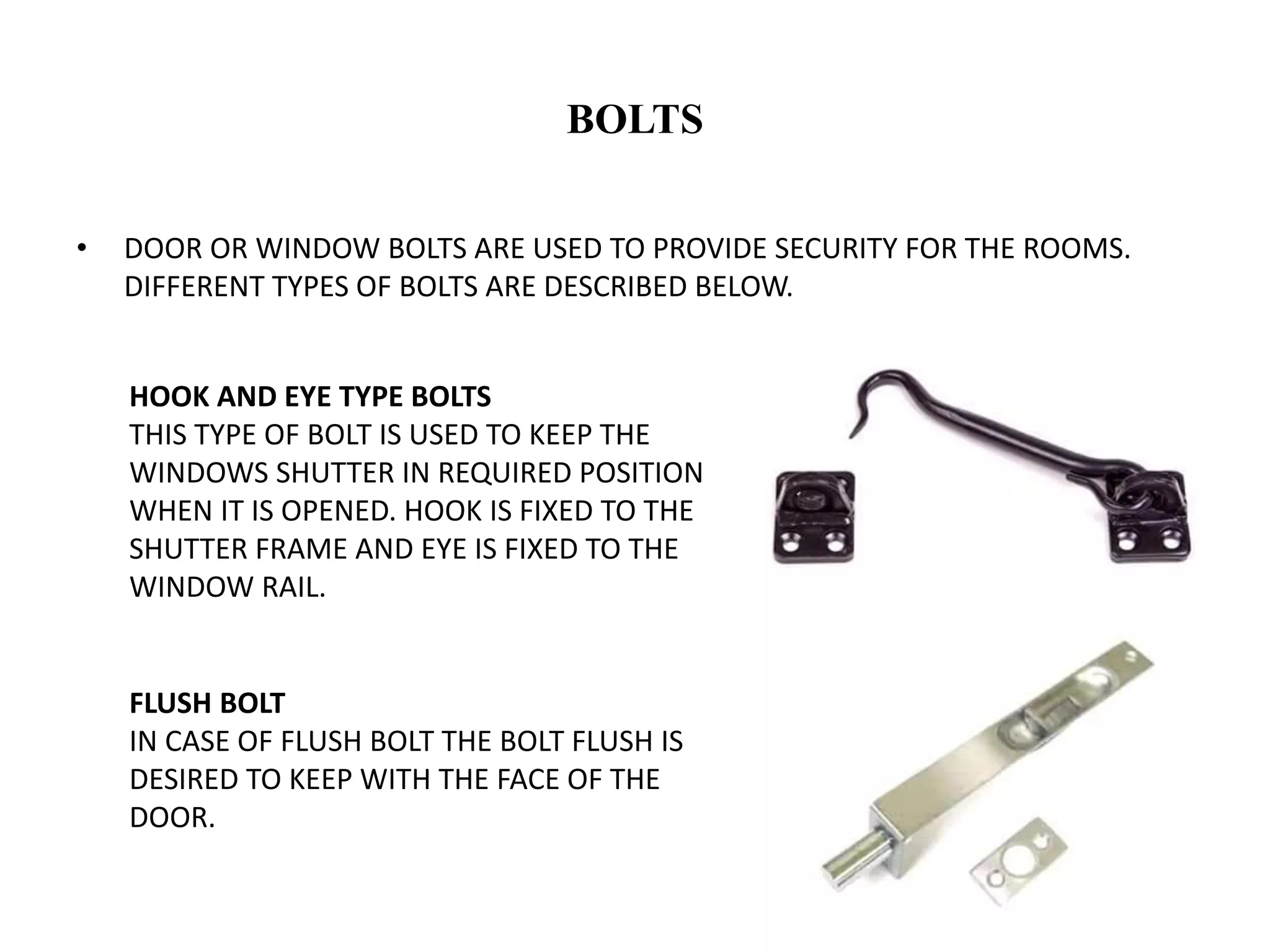 Window Bolt Guide Fixtures and fastenings in doors and windows | PPTX