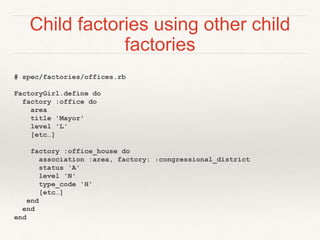 Child factories using other child 
factories 
# spec/factories/offices.rb 
FactoryGirl.define do 
factory :office do 
area 
title 'Mayor' 
level 'L' 
[etc…] 
factory :office_house do 
association :area, factory: :congressional_district 
status 'A' 
level 'N' 
type_code 'H' 
[etc…] 
end 
end 
end 
 