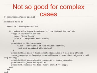 Not so good for complex 
cases # spec/models/race_spec.rb 
describe Race do 
describe '#inaugurate!' do 
it 'makes Mike Toppa President of the United States' do 
toppa = Candidate.create( 
name: 'Mike Toppa', 
[and all required attributes] 
) 
president = Office.create( 
title: 'President of the United States', 
[and all required attributes] 
) 
presidential_race = Race.create([president + all req attrs]) 
toppa_campaign = Campaign.create([toppa + presidential_race + all 
req attrs]) 
presidential_race.winning_campaign = toppa_campaign 
presidential_race.inaugurate! 
president.current_holders.first.should == toppa 
end 
end 
end 
 