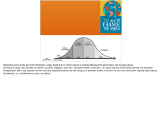 Glücklicherweise ist das gar nicht erforderlich. Jurgen Apello hat ein schönes Buch zu Change Management geschrieben, das durchaus taugt. 

Ich brauche es gar nicht bei allen zu machen. Es reicht völlig aus, wenn ich - der kleine Initiator unten links - ein paar Leute auf meiner Seite sammle, und die damit
Erfolge haben. Wenn das passiert kommen die Early adopters hinterher, die den Erfolg auch probieren wollen, und wenn es auch dort funktioniert folgt die early majority,
die Mehrheit, und der Rest kommt dann von alleine.
 