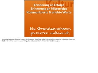 KulturErinnerung an Erfolge
Erinnerung an Misserfolge
Kommunizierte & erlebte Werte
Die Grundannahmen
passieren unbewußt.
Ich beobachte auf der Ebene der Artefakte die Erfolge und Misserfolge, und ich nehme die kommunizierten und erlebten Werte wahr. 

Die Grundannahmen passieren auf dem Weg unbewußt, als statistische Funktion über alle Erinnerungen.
 