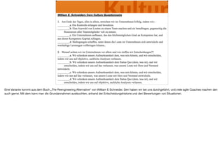 Kultur
Eine Variante kommt aus dem Buch „The Reengineering Alternative“ von William E Schneider. Den haben wir bei uns durchgeführt, und viele agile Coaches machen den
auch gerne. Mit dem kann man die Grundannahmen ausleuchten, anhand der Entscheidungshistorie und den Bewertungen von Situationen.
 