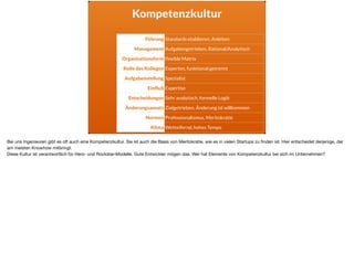 Kompetenzkultur
Führung Standards etablieren, Anleiten
Management Aufgabengetrieben, Rational/Analytisch
Organisationsform ﬂexible Matrix
Rolle des Kollegen Experten, funktional getrennt
Aufgabenstellung Spezialist
Einﬂuß Expertise
Entscheidungen Sehr analytisch, formelle Logik
Änderungsansatz Zielgetrieben, Änderung ist willkommen
Normen Professionalismus, Meritokratie
Klima Wetteifernd, hohes Tempo
Bei uns Ingenieuren gibt es oft auch eine Kompetenzkultur. Sie ist auch die Basis von Meritokratie, wie es in vielen Startups zu ﬁnden ist. Hier entscheidet derjenige, der
am meisten Knowhow mitbringt. 

Diese Kultur ist verantwortlich für Hero- und Rockstar-Modelle. Gute Entwickler mögen das. Wer hat Elemente von Kompetenzkultur bei sich im Unternehmen?
 