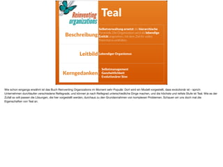 Beschreibung
Selbstverwaltung ersetzt die hierarchische
Pyramide. Die Organisation wird als lebendige
Entität angesehen, mit dem Ziel ihr volles
Potential zu entfalten.
Leitbild Lebendiger Organismus
Kerngedanken
- Selbstmanagement
- Ganzheitlichkeit
- Evolutionärer Sinn
Teal
Wie schon eingangs erwähnt ist das Buch Reinventing Organizations im Moment sehr Populär. Dort wird ein Modell vorgestellt, dass evolutionär ist - sprich:
Unternehmen durchlaufen verschiedene Reifegrade, und können je nach Reifegrad unterschiedliche Dinge machen, und die höchste und reifste Stufe ist Teal. Wie es der
Zufall so will passen die Lösungen, die hier vorgestellt werden, durchaus zu den Grundannahmen von komplexen Problemen. Schauen wir uns doch mal die
Eigenschaften von Teal an.
 