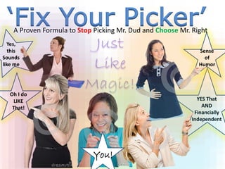 A Proven Formula to Stop Picking Mr. Dud and Choose Mr. Right
‘Fix Your Picker’
Sense
of
Humor
YES That
AND
Financially
Independent
Oh I do
LIKE
That!
Yes,
this
Sounds
like me
You!
 