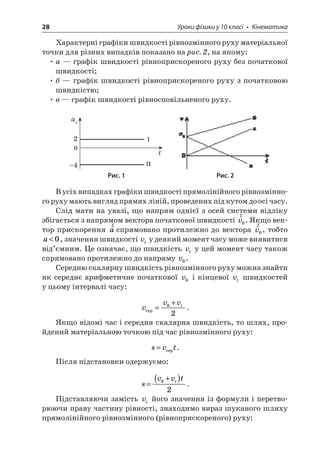 28 Уроки фізики у 10 класі • Кінематика 
Характерні графіки швидкості рівнозмінного руху матеріальної точки для різних випадків показано на рис. 2, на якому: 
• а — графік швидкості рівноприскореного руху без початкової швидкості; 
• б — графік швидкості рівноприскореного руху з початковою швидкістю; 
• в — графік швидкості рівносповільненого руху. 
tax2–40III 
Рис. 1 Рис. 2 
В усіх випадках графіки швидкості прямолінійного рівнозмінного руху мають вигляд прямих ліній, проведених під кутом до осі часу. 
Слід мати на увазі, що напрям однієї з осей системи відліку збігається з напрямом вектора початкової швидкості rv0. Якщо вектор прискорення raспрямовано протилежно до вектора rv0, тобто a0, значення швидкості vt у деякий момент часу може виявитися від’ємним. Це означає, що швидкість vt у цей момент часу також спрямовано протилежно до напряму v0. 
Середню скалярну швидкість рівнозмінного руху можна знайти як середнє арифметичне початкової v0 і кінцевої vt швидкостей у цьому інтервалі часу: 
v 
vvtcep= +02. 
Якщо відомі час і середня скалярна швидкість, то шлях, пройдений матеріальною точкою під час рівнозмінного руху: 
s 
vt=cep. 
Після підстановки одержуємо: 
s 
vvtt= +()02. 
Підставляючи замість vt його значення із формули і перетворюючи праву частину рівності, знаходимо вираз шуканого шляху прямолінійного рівнозмінного (рівноприскореного) руху:  