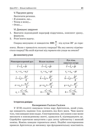 Урок № 8 • Вільне падіння тіл 41 
V. Підсумок уроку 
Закінчити речення. 
• Я дізнався, що… 
• Тепер я можу… 
• Отже,… 
VI. Домашнє завдання 
1. Вивчити відповідний параграф підручника, конспект уроку, формули. 
2. Розв’язати задачу. 
Снаряд випущено зі швидкістю 800  c під кутом 30° до горизонту. Якою є тривалість польоту снаряда? На яку висоту піднімається снаряд? На якій відстані від гармати він упаде на землю? 
До конспекту учня 
Рівноприскорений рух 
Вільне падіння 
Рух тіла, 
кинутого вгору 
r 
rrvvat=+0 
r 
rrvvgt=+0 
r 
rrvvgt=+0 
v 
vatxoxx=+ 
v 
vgtyy=+0 
v 
vgtyy=−0 
r 
rrsvtat=+022 
r 
rrhvtgt=+022 
r 
rrhvtgt=+022 
x 
vtatxx=+022 
y 
vtgty=+022 
y 
vtgty=−022 
s 
vvaxxxx= −2022 
h 
vvgxx= −2022 
h 
vvgxx= − − 2022 
Історична довідка 
Експеримент Галілео Галілея 
У XVII столітті панувала точка зору Арістотеля, який учив, що швидкість падіння тіла залежить від його маси. Чим важче тіло, тим швидше воно падає. Спостереження, які кожен з нас може виконати в повсякденному житті, здавалося б, підтверджують це. Спробуйте одночасно випустити з рук легку зубочистку і важкий камінь. Камінь швидше торкнеться землі. Подібні спостереження привели Арістотеля до висновку про фундаментальну властивість  