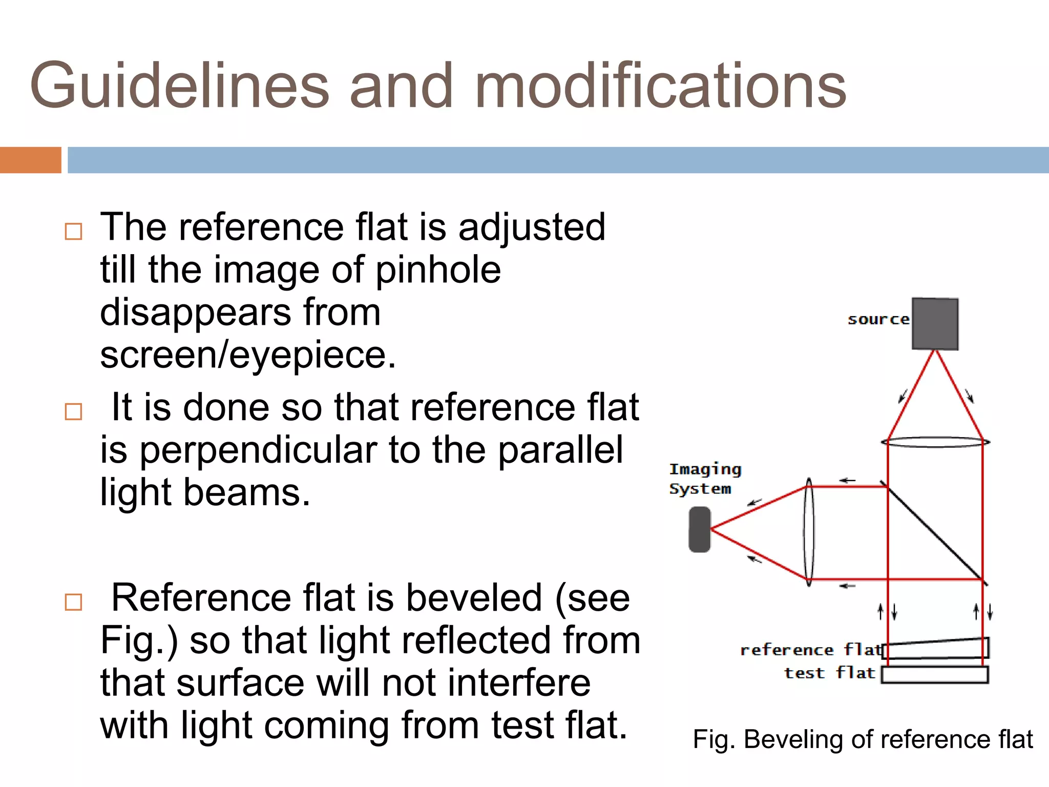 Guidelines and modifications
 The reference flat is adjusted
till the image of pinhole
disappears from
screen/eyepiece.
 It is done so that reference flat
is perpendicular to the parallel
light beams.
 Reference flat is beveled (see
Fig.) so that light reflected from
that surface will not interfere
with light coming from test flat. Fig. Beveling of reference flat
 