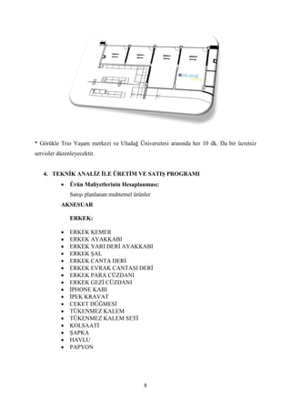 8
* Görükle Trio Yaşam merkezi ve Uludağ Üniversitesi arasında her 10 dk. Da bir ücretsiz
servisler düzenleyecektir.
4. TEKNİK ANALİZ İLE ÜRETİM VE SATIŞ PROGRAMI
 Ürün Maliyetlerinin Hesaplanması:
Satışı planlanan muhtemel ürünler
AKSESUAR
ERKEK:
 ERKEK KEMER
 ERKEK AYAKKABI
 ERKEK YARI DERİ AYAKKABI
 ERKEK ŞAL
 ERKEK CANTA DERİ
 ERKEK EVRAK CANTASI DERİ
 ERKEK PARA CÜZDANI
 ERKEK GEZİ CÜZDANI
 İPHONE KABI
 İPEK KRAVAT
 CEKET DÜĞMESİ
 TÜKENMEZ KALEM
 TÜKENMEZ KALEM SETİ
 KOLSAATİ
 ŞAPKA
 HAVLU
 PAPYON
 
