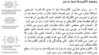 ‫وضعیت‬‫الکترودها‬‫نسبت‬‫به‬‫بدن‬
1-‫در‬‫روش‬‫خازني‬،‫الكترودها‬‫باید‬‫تا‬‫حدي‬‫كه‬‫قدرت‬‫خروجي‬
‫دستگاه‬‫اجازه‬‫مي‬‫دهد‬‫از‬‫بدن‬‫فاصله‬‫داشته‬‫باشد‬‫و‬‫ماده‬‫واسط‬‫بای‬‫د‬‫از‬
‫موادي‬‫با‬‫ضریب‬‫دي‬‫الكتریك‬‫كم‬‫انتخاب‬‫شود‬‫كه‬‫بهترین‬‫آن‬‫هواست‬.
‫تراكم‬‫خطوط‬‫میدان‬‫الكتریكي‬‫در‬‫پوست‬‫باعث‬‫تاول‬‫زدن‬‫آن‬‫مي‬‫شود‬.
2-‫قسمت‬‫هاي‬‫سطحي‬‫اغلب‬‫مانند‬‫مقاومت‬‫هاي‬‫سري‬‫مي‬‫باشند‬‫و‬
‫در‬‫نتیجه‬‫گرما‬‫در‬‫چربي‬‫زیر‬‫پوست‬‫بیشتر‬‫است‬.‫قسمت‬‫هاي‬‫عمقي‬
‫اغلب‬‫معادل‬‫مقاومت‬‫موازي‬‫مي‬‫باشند‬‫و‬‫قسمت‬‫هایي‬‫مثل‬‫خون‬‫كه‬
‫مقاومت‬‫كمتري‬‫دارند‬‫بیشتر‬‫گرم‬‫مي‬‫شوند‬.)‫چون‬‫جریان‬‫بیشتري‬‫از‬
‫آن‬‫عبور‬‫مي‬‫كند‬(‫لذا‬‫بطور‬‫كلي‬‫چگونگي‬‫قرار‬‫گرفتن‬‫الكترودها‬‫در‬
‫نقاط‬‫مختلف‬‫بدن‬‫مهم‬‫است‬.
3-‫الكترودهاي‬‫خازني‬‫نباید‬‫به‬‫موازات‬‫هم‬‫بلكه‬‫باید‬‫به‬‫موازات‬‫سطح‬
‫بدن‬‫باشند‬‫تا‬‫موج‬‫بطور‬‫یكنواخت‬‫وارد‬‫بدن‬‫شود‬.
 