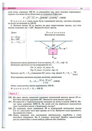 ДИНАМІКА 141
сила вітру дорівнює 100 Н, то рівнодійна цих двох взаємно перпендику­
лярних сил може бути обчислена за теоремою Піфагора:
F = VFi' + F /; f - д/(100Н)' + (150Н )' «1 8 0 Н.
В і д п о в і д ь : човен може бути утриманий тросом, здатним витрима­
ти натяг не менший за 180 Н.
2. Вантаж масою 10 кг висить на двох неростяжних тросах, кут між
якими становить 2ф = 120“. Визначте натяг тросів.
Дано:
m = 10 кг
2ф=120°
Р о з в ’ я з а н н я
Виконаємо малюнок.
Запишемо умову рівноваги тіла на тросах: N ^ + N 2 +mg = 0.
Знайдемо проекції сил на координатні осі:
Ох: ATj зіпф-А^2зіпф = 0,
Оу: М^созц)+N 2COS(p-mg = 0.
TTtS
Знаючи, ш;о = N^, отримаємо 2Л^, со8ф = mg, звідки N^ = N^ =
2созф
Підставивши значення відомих величин, визначимо
jv,=jv,=12-E::15-^=iooH.' ^ 2 0 ,5
Отже, сили натягу тросів дорівнюють 100 Н.
В і д п о в і д ь : iVj = iV2 = Н.
Рівень А
196. На двох тросах однакової довжини підвішений вантаж масою 50 кг.
Кут між тросами дорівнює 60°. Визначте сили натягу тросів.
197. На аеростат у горизонтальному напрямі діє вітер із силою 1000 Н. На­
тяг троса дорівнює 2000 Н. На який кут від вертикалі відхилиться
трос і який його натяг у безвітряну погоду?
198. До середини троса довжиною 20 м підвішений світильник масою
3,4 кг, унаслідок чого трос провис на 5 см. Визначте сили пружності,
ш;о виникли в тросі.
199. Довга жердина, яку поставлено вертикально, перебуває у стані
нестійкої рівноваги. Як Гі утримує жонглер? Зробіть аналогічний
дослід самостійно з якою-небудь рейкою або лінійкою.
 