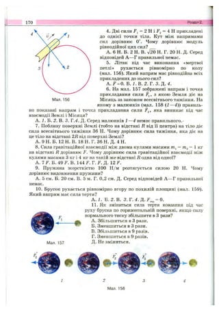 170 Розділ 2.
4. Дві сили f j = 2 H i f 2 = ' 4 H прикладені
до однієї точки тіла. Кут між напрямами
сил дорівнює О”. Чому дорівнює модуль
рівнодійної цих сил?
А. 6 Н. Б. 2 Н. В. Н. Г. 20 Н. Д. Серед
відповідей А —Г правильної немає.
5. Літак під час виконання «мертвої
петлі» рухається рівномірно по колу
(мал. 156). Який напрям має рівнодійна всіх
прикладених до нього сил?
A .F = 0. Б .І .В .2 . Г. 3. Д .4.
6. На мал. 157 зображені напрям і точка
прикладання сили F^, з якою Земля діє на
Місяць за законом всесвітнього тяжіння. На
якому з малюнків (м^л. 158 ( І —4)) правиль­
но показані напрям і точка прикладання сили Fg» яка виникає під час
взаємодії Землі і Місяця?
А. І. Б. 2. В. 3. Г.4. Д. Серед малюнків І —4 немає правильного.-
7. Поблизу поверхні Землі (тобто на відстані В від її центра) на тіло діє
сила всесвітнього тяжіння 36 Н. Чому дорівнює сила тяжіння, яка діє на
це тіло на відстані 2В від поверхні Землі?
А. 9 Н. Б. 12 Н. В. 18 Н. Г. 36 Н. Д. 4 Н.
8. Сила гравітаційної взаємодії між двома кулями масами = 1 кг
на відстані В дорівнює F. Чому дорівнює сила гравітаційної взаємодії між
кулями масами З кг і 4 кг на такій же відстані В одна від одної?
А. 7 F. Б. 49 F. В. 144 F. Г. F. Д. 12 F.
9. Пружина жорсткістю 100 Н /м розтягується силою 20 Н. Чому
дорівнює видовження пружини?
А. 5 см. Б. 20 см. В. 5 м. Г. 0,2 см. Д. Серед відповідей А —Г правильної
немає.
10. Брусок рухається рівномірно вгору по похилій площині (мал. 159).
Який напрям має сила тертя?
А. 1. В. 2. В. 3 .T .4 .a .F ,,^ = 0.
11. Як зміниться сила тертя ковзання під час
руху бруска по горизонтальній поверхні, якщо силу
нормального тиску збільшити в З рази?
A. Збільшиться в З рази.
Б. Зменшиться в З рази.
B. Збільшиться в 9 разів.
Г. Зменшиться в 9 разів.
Мал. 157 Д- Не зміниться.
Мал. 158
 
