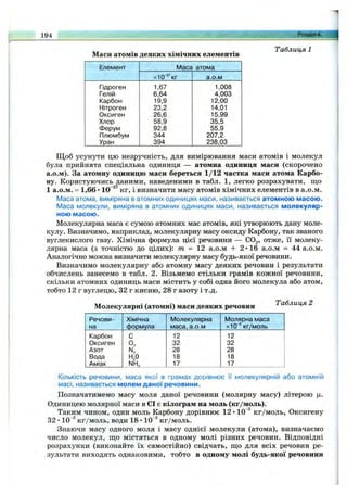 194 Розділ4.
Маси атомів деяких хімічних елементів
Таблиця 1
Елемент
Гідроген
Гелій
Карбон
Нітроген
Оксиген
Хлор
Ферум
Плюмбум
Уран
Маса атома
х10“^"кг
1,67
6,64
19.9
23,2
26,6
58.9
92,8
344
394
а.о.м
1,008
4,003
12,00
14,01
15,99
35,5
55,9
207.2
238.03
Щоб усунути цю незручність, для вимірювання маси атомів і молекул
була прийнята спеціальна одиниця — атомна одиниця маси (скорочено
а.о.м). За атомну одиницю маси береться 1/12 частка маси атома Карбо­
ну. Користуючись даними, наведеними в табл. 1, легко розрахувати, що
1 а.о.м. = 1,66 •10^^^кг, і визначити масу атомів хімічних елементів в а.о.м.
Маса атома, виміряна в атомних одиницях маси, називається атомною масою.
Маса молекули, виміряна в атомних одиницях маси, називається молекуляр­
ною масою.
Молекулярна маса є сумою атомних мас атомів, які утворюють дану моле­
кулу. Визначимо, наприклад, молекулярну масу оксиду Карбону, так званого
вуглекислого газу. Хімічна формула цієї речовини — COg, отже, Гі молеку­
лярна маса (з точністю до цілих): m = 12 а.о.м -Н 2 •16 а.о.м = 44 а.о.м.
Аналогічно можна визначити молекулярну масу будь-якої речовини.
Визначимо молекулярну або атомну масу деяких речовин і результати
обчислень занесемо в табл. 2. Візьмемо стільки грамів кожної речовини,
скільки атомних одиниць маси містить у собі одна його молекула або атом,
тобто 12 г вуглецю, 32 г кисню, 28 г азоту і т.д.
Молекулярні (атомні) маси деяких речовин Таблиця 2
Речови­
на
Хімічна
формула
Молекулярна
маса, а.о.м
Молярна маса
X10‘®кг/моль
Карбон С 12 12
Оксиген 0, 32 32
Азот N. 28 28
Вода Н,0 18 18
Аміак NH, 17 17
Кількість речовини, маса якої в грамах дорівнює її молекулярній або атомній
масі, називається молем даної речовини.
Позначатимемо масу моля даної речовини (молярну масу) літерою ц.
Одиницею молярної маси в СІ є кілограм на моль (кг/моль).
Таким чином, один моль Карбону дорівнює 12* 10~® кг/моль, Оксигену
32 •10*^ кг/моль, води 18 •10"^ кг/моль.
Знаючи масу одного моля і масу однієї молекули (атома), визначаємо
число молекул, що містяться в одному молі різних речовин. Відповідні
розрахунки (виконайте їх самостійно) свідчать, що для всіх речовин ре­
зультати виходять однаковими, тобто в одному молі будь-якої речовини
 