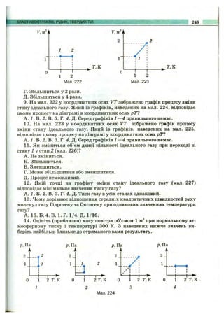 ВЛАСТИВОСТІ ГАЗІВ, РІДИН, ТВЕРДИХ ТІЛ 249
-1--------^------
1 2
Мал. 222
Г,К
Г. Збільшиться у 2 рази.
Д. Збільшиться у 4 рази.
9. На мал. 222 у координатних осях VT зображено графік процесу зміни
стану ідеального газу. Який із графіків, наведених на мал. 224, відповідає
цьому процесу на діаграмі в координатних осях рТ?
А. і. Б. 2. В. 3. Г. 4. Д. Серед графіків 1—4 правильного немає.
10. На мал. 223 у координатних осях VT зображено графік процесу
зміни стану ідеального газу. Який із графіків, наведених на мал. 225,
відповідає цьому процесу на діаграмі у координатних осях рТ?
А. 1. Б. 2. В. 3. Г. 4. Д. Серед графіків І —4 правильного немає.
11. Як зміниться об’єм даної кількості ідеального газу при переході зі
стану 1 у стан 2 (мал. 226)?
A. Не зміниться.
Б. Збільшиться.
B. Зменшиться.
Г. Може збільшитися або зменшитися.
Д. Процес неможливий.
12. Якій точці на графіку зміни стану ідеального газу (мал. 227)
відповідає мінімальне значення тиску газу?
А. 1. Б. 2. В. З .Т .4 . Д. Тиск газу в усіх станах однаковий.
13. Чому дорівнює відношення середніх квадратичних швидкостей руху
молекул газу Гідрогену та Оксигену при однакових значеннях температури
газу?
А. 16. Б. 4. В. 1. Г. 1/4. Д. 1/16.
14. Оцініть (приблизно) масу повітря об’ємом 1 м® при нормальному ат­
мосферному тиску і температурі 300 К. З наведених нижче значень ви­
беріть найбільш близьке до отриманого вами результату.
р. Па
і<
2 2
1
р, Па
2 _
1
1— 1-----^
1 2 Т.К
р. Па
-|------- 1—
1 2 Т,К
Мал. 224
р. Па
2 _
1
-І-------1—►
1 2 Т .К
4
 