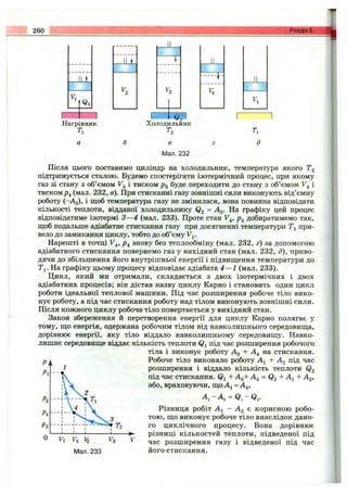 260 Розділ 5.
[ 1
Нагрівник
Ті
І «?2 1
Холодильник
в
Мал. 232
Після цього поставимо циліндр на холодильник, температура якого Tg
підтримується сталою. Будемо спостерігати ізотермічний процес, при якому
газ зі стану з об’ємом Fg і тиском буде переходити до стану з об’ємом і
ти ск о м (м а л . 232, в). При стисканні газу зовнішні сили виконують від’ємну
роботу (-Ад), і щоб температура газу не змінилася, вона повинна відповідати
кількості теплоти, відданої холодильнику Qg = графіку цей процес
відповідатиме ізотермі З—4 (мал. 233). Проте стан V^, р^ добиратимемо так,
щоб подальше адіабатне стискання газу при досягненні температури при­
вело до замикання циклу, тобто до об’єму F j.
Нарешті в точці Р4 знову без теплообміну (мал. 232, г) за допомогою
адіабатного стискання повернемо газ у вихідний стан (мал. 232, д), приво-
дячи до збільшення його внутрішньої енергії і підвищення температури до
Tj. На графіку цьому процесу відповідає адіабата 4 — 1 (мал. 233).
Цикл, який ми отримали, складається з двох ізотермічних і двох
адіабатних процесів; він дістав назву циклу Карно і становить один цикл
роботи ідеальної теплової машини. Під час розширення робоче тіло вико­
нує роботу, а під час стискання роботу над тілом виконують зовнішні сили.
Після кожного циклу робоче тіло повертається у вихідний стан.
Закон збереження й перетворення енергії для циклу Карно полягає у
тому, що енергія, одержана робочим тілом від навколишнього середовища,
дорівнює енергії, яку тіло віддало навколишньому середовищу. Навко­
лишнє середовище віддає кількість теплоти Qj під час розширення робочого
тіла і виконує роботу Ад + на стискання.
Робоче тіло виконало роботу + Ag під час
розширення і віддало кількість теплоти Qg
під час стискання. + Ag-I- А^ = Q2 + А^+ Ад,
або, враховуючи, щ оАі =А^,
А “ -^3 = Qi ~ Qz-
Різниця робіт A j - Ад є корисною робо­
тою, що виконує робоче тіло внаслідок дано­
го циклічного процесу. Вона дорівнює
різниці кількостей теплоти, підведеної під
час розширення газу і відведеної під час
його стискання.
Ра
Рз
О
ік
1
- V і 
І
'
» J1 1
Vi V4 ц
Мал. 233
>^3
 