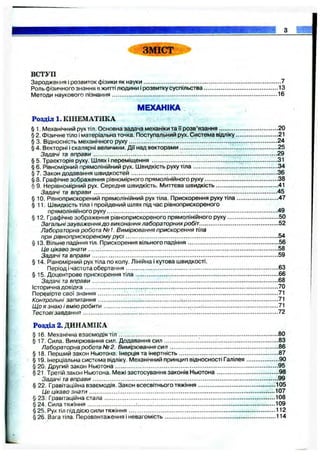 ЗМІСТ
ВСТУП
Зародження і розвиток фізики як науки..................................................................................7
Роль фізичного знання вжитті людини і розвитку суспільства............................................ 13
Методи наукового пізнання...................................................................................................16
МЕХАНІКА
Розділ 1. КІНЕМАТИКА
§ 1. Механічний рух тіл. Основна задача механіки та її розв’язання...................................20
§ 2. Фізичне тіло і матеріальна точка. Поступальний рух. Система відліку.........................21
§ 3. Відносність механічного руху............................................... 24
§ 4. Векторні Іскалярні величини. Дії над векторами..........................................................25
Задачі та вправи............................................................................................................. 29
§ 5. Траєкторія руху. Шлях І переміщення ...................................................;......................31
§ 6. Рівномірний прямолінійний рух. Швидкість руху тіла.................................................. 34
§ 7. Закон додавання швидкостей.......................................................................................36
§ 8. Графічне зображення рівномірного прямолінійного руху................ 38
§ 9. Нерівномірний рух. Середня швидкість. Миттєва швидкість.....................................41
Задачі та вправи............................................................................................................. 45
§ 10. Рівноприскорений прямолінійний рух тіла. Прискорення руху тіла ....................47
§11. Швидкість тіла і пройдений шлях під час рівноприскореного
прямолінійного руху......................................................................................................49
§ 12. Графічне зображення рівноприскореного прямолінійного руху.............................. 50
Загальні зауваженнядо виконання лабораторних робіт...............................................52
Лабораторна робота №1. Вимірювання прискорення тіла
при рівноприскореному р у с і...........................................................................................54
§ 13. Вільне падіння ТІЛ. Прискорення вільного падіння......................................................56
Це цікаво знати г......................................................................................................... 58
Задачі та вправи...............................................................................................................59
§ 14. Рівномірний рух тіла по колу. Лінійна і кутова швидкості.
Період і частота обертання................................................... 63
§ 15. Доцентрове прискорення тіла............................................................................ 66
Задачі та вправи......................................... 68
Історична довідка.................................................... 70
Перевірте свої знання........................................................................................................... 71
Контрольні запитання................................................ .ч.........................................................71
Що я знаю і вмію робити........................................................ .............................................71
Тестовізавдання.................................................................................................................... 72
Розділ2. ДИНАМІКА
§ 16. Механічна взаємодія тіл ...............................................................................................80
§ 17. Сила. Вимірювання сил. Додавання сил..................... 83
Лабораторна робота № 2. Вимірювання си п .................................................................86
§ 18. Перший закон Ньютона. Інерція та інертність...........................................................87
§ 19. Інерціальна система відліку. Механічний принцип відносності Галілея...................90
§ 20. Другий закон Ньютона.................................................................................................95
§ 21, Третій закон Ньютона. Межі застосування законів Ньютона.....................................98
Задачі та вправи.............................................................................................................. 99
§ 22. Гравітаційна взаємодія. Закон всесвітнього ТЯЖІННЯ..............................................105
І4е цікаво знати................. 107
§ 23. Гравітаційна стала......................................................................................................108
§ 24. Сила ТЯЖІННЯ............................. 109
§25. Рух тіл під дією сили тяжіння....................................................................................... 112
§26. Багатіла. Перевантаження і невагомість.................................................................. 114
 