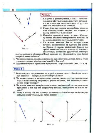 зо Розділ 1.
Рівень А
1. Які рухи є рівномірними, а які — нерівно­
мірними: а) рух літака на зльоті; б) спускан­
ня на ескалаторі метрополітену; в) рух по­
їзда при наближенні до станції?
2. Яким буде рух колеса автомобіля, коли за
ним спостерігатиме людина, що сидить у
цьому автомобілі біля вікна?
3. Наведіть приклади задач, в яких Місяць:
а) можна вважати матеріальною точкою; б)
не можна вважати матеріальною точкою.
4. Чи можна вважати Землю матеріальною
точкою, визначаючи: а) відстань від Землі
до Сонця; б) шлях, пройдений Землею по
орбіті навколо Сонця за місяць; в) довжину
екватора; г) швидкість руху точки екватора
під час добового обертання Землі навколо осі; ґ) швидкість руху Землі
по орбіті навколо Сонця?
5. Чи може людина, яка знаходиться на рухомому ескалаторі, бути у стані
спокою в системі відліку, пов’язаній із Землею?
6. Додайте вектори за правилами трикутника і паралелограма (мал. 13, а, б).
Рівень в
7. Велосипедист, ш,о рухається по дорозі, крутить педалі. Який при цьому
рух педалей — поступальний чи обертальний?
8. Чи можна вважати матеріальною точкою снаряд під час розрахунку:
а) дальності польоту снаряда; б) форми снаряда, яка забезпечує змен­
шення опору повітря?
9. Чи можна вважати матеріальною точкою залізничний состав довжиною
приблизно 1 км під час розрахунку шляху, пройденого за кілька се­
кунд?
10. Чому в літаку під час польоту, дивлячись в ілюмінатор на безхмарне
небо, ми не відчуваємо, що літак летить?
О О
X
-►
Мал. 14
 