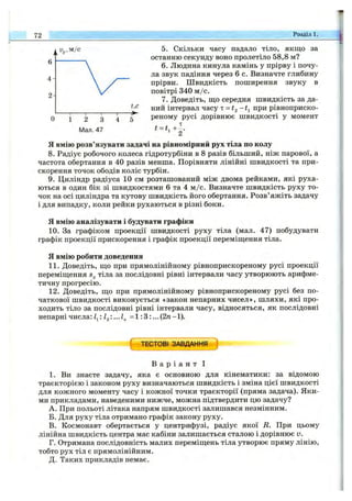 5. Скільки часу падало тіло, якщо за
останню секунду воно пролетіло 58,8 м?
6 . Людина кинула камінь у прірву і почу­
ла звук падіння через 6 с. Визначте глибину
прірви. Швидкість поширення звуку в
повітрі 340 м /с.
7. Доведіть, що середня швидкість за да­
ний інтервал часу т =?2 при рівноприско-
реному русі дорівнює швидкості у момент
t =t, + —.
^ 2
я вмію розв’язувати задачі на рівномірний рух тіла по колу
8. Радіус робочого колеса гідротурбіни в 8 разів більший, ніж парової, а
частота обертання в 40 разів менша. Порівняти лінійні швидкості та при­
скорення точок ободів коліс турбін.
9. Циліндр радіуса 10 см розташований між двома рейками, які руха­
ються в один бік зі швидкостями 6 та 4 м /с. Визначте швидкість руху то­
чок на осі циліндра та кутову швидкість його обертання. Розв’яжіть задачу
і для випадку, коли рейки рухаються в різні боки.
Я вмію аналізувати і будувати графіки
10. За графіком проекції швидкості руху тіла (мгіл. 47) побудувати
графік проекції прискорення і графік проекції переміщення тіла.
Я вмію робити доведення
11. Доведіть, що при прямолінійному рівноприскореному русі проекції
переміщення тіла за послідовні рівні інтервали часу утворюють арифме­
тичну прогресію.
12. Доведіть, що при прямолінійному рівноприскореному русі без по­
чаткової швидкості виконується «закон непарних чисел», шляхи, які про­
ходить тіло за послідовні рівні інтервали часу, відносяться, як послідовні
непарні числа: = 1 :3 :...(2га- 1).
72 Розділ 1.
( ТЕСТОВІ ЗАВДАННІ
В а р і а н т І
1. Ви знаєте задачу, яка є основною для кінематики: за відомою
траєкторією і законом руху визначаються швидкість і зміна цієї швидкості
для кожного моменту часу і кожної точки траєкторії (пряма задача). Яки­
ми прикладами, наведеними нижче, можна підтвердити цю задачу?
A. При польоті літака напрям швидкості залишався незмінним.
Б. Для руху тіла отримано графік закону руху.
B. Космонавт обертається у центрифузі, радіус якої R. При цьому
лінійна швидкість центра мас кабіни залишається сталою і дорівнює V.
Г. Отримана послідовність малих переміщень тіла утворює пряму лінію,
тобто рух тіл є прямолінійним.
Д. Таких прикладів немає.
 