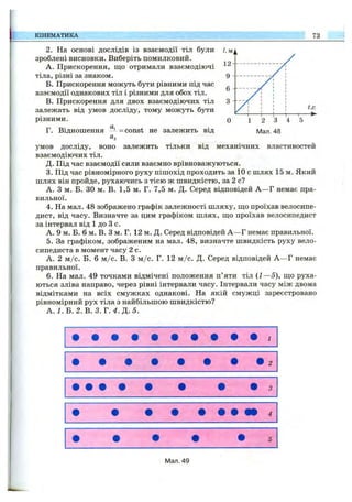 КІНЕМАТИКА 73
6
З
О
'/<LL t,c
— 1— ►
2 3 4 5
Мал. 48
залежить тільки від механічних властивостей
2. На основі дослідів із взаємодії тіл були І.м
зроблені висновки. Виберіть помилковий.
A. Прискорення, що отримали взаємодіючі
тіла, різні за знаком.
Б. Прискорення можуть бути рівними під час
взаємодії однакових тіл і різними для обох тіл.
B. Прискорення для двох взаємодіючих тіл
залежать від умов досліду, тому можуть бути
різними.
Г. Відношення ^- = const не залежить від
«2
умов досліду, воно
взаємодіючих тіл.
Д. Під час взаємодії сили взаємно врівноважуються.
3. Під час рівномірного руху пішохід проходить за 10 с шлях 15 м. Який
шлях він пройде, рухаючись з тією ж швидкістю, за 2 с?
А. З м. Б. ЗО м. В. 1,5 м. Г. 7,5 м. Д. Серед відповідей А —Г немає пра­
вильної.
4. На мал. 48 зображено графік залежності шляху, що проїхав велосипе­
дист, від часу. Визначте за цим графіком шлях, що проїхав велосипедист
за інтервал від 1 до З с.
А. 9 м. Б. 6 м. В. З м. Г. 12 м. Д. Серед відповідей А —Г немає правильної.
5. За графіком, зображеним на мал. 48, визначте швидкість руху вело­
сипедиста в момент часу 2 с.
А. 2 м /с. Б. 6 м /с. В. З м /с. Г. 12 м /с. Д. Серед відповідей А —Г немає
правильної.
6 . На мал. 49 точками відмічені положення п’яти тіл {1—5), що руха­
ються зліва направо, через рівні інтервали часу. Інтервали часу між двома
відмітками на всіх смужках однакові. На якій смужці зареєстровано
рівномірний рух тіла з найбільшою швидкістю?
А. І. Б. 2 .В .З . Г. 4. Д. 5.
Мал. 49
 
