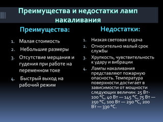 Преимущества:                 Недостатки:
1. Малая стоимость         1. Низкая световая отдача
                           2. Относительно малый срок
2. Небольшие размеры          службы
3. Отсутствие мерцания и   3. Хрупкость, чувствительность
   гудения при работе на      к удару и вибрации
   переменном токе         4. Лампы накаливания
                              представляют пожарную
4. Быстрый выход на           опасность. Температура
   рабочий режим              поверхности достигает в
                              зависимости от мощности
                              следующих величин: 25 Вт-
                              100 °C, 40 Вт — 145 °C, 75 Вт —
                              250 °C, 100 Вт — 290 °C, 200
                              Вт — 330 °C.
 