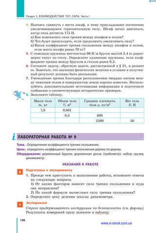 146
Раздел 3. ВЗАИМОДЕЙСТВИЕ ТЕЛ. СИЛА. Часть I
4.	 Пытаясь сдвинуть с места шкаф, к нему прикладывают постепенно
увеличивающуюся горизонтальную силу. Шкаф начал двигаться,
когда сила достигла 175 Н.
	 а) Как изменялась сила трения между шкафом и полом?
	 б) Что будет происходить, если продолжить увеличивать силу?
	 в) Каков коэффициент трения скольжения между шкафом и полом,
если масса шкафа равна 70 кг?
5.	 С помощью пружины жесткостью 96 Н/м брусок массой 2,4 кг равно-
мерно тянут по столу. Определите удлинение пружины, если коэф-
фициент трения между бруском и столом равен 0,2.
6.	 Составьте задачу, обратную задаче, рассмотренной в § 21, и решите
ее. Заметьте, что значения физических величин в условии и получен-
ный результат должны быть реальными.
7.	 Уменьшение трения благодаря расположению твердых катков меж-
ду тяжелым телом и поверхностью земли хорошо известно. Восполь-
зуйтесь дополнительными источниками информации и подготовьте
сообщение о соответствующих исторических примерах.
8.	 Заполните таблицу.
Масса тела
m, кг
Объем тела
V, м3
Средняя плотность
тела ρ, кг/м3
Вес тела
Р, Н
7,8 0,001
0,5 600
2500 50
Лабораторная работа № 9
Тема.	 Определение коэффициента трения скольжения.
Цель:	 определить коэффициент трения скольжения дерева по дереву.
Оборудование: деревянный брусок; деревянная доска (трибометр); набор грузов;
динамометр.
УКАЗАНИЯ К РАБОТЕ
 Подготовка к эксперименту
1.	 Прежде чем приступить к выполнению работы, вспомните ответы
на следующие вопросы.
	 1) От каких факторов зависит сила трения скольжения и куда
она направлена?
	 2) По какой формуле вычисляют силу трения скольжения?
2.	 Определите цену деления шкалы динамометра.

Эксперимент
Строго придерживайтесь инструкции по безопасности (см. форзац).
Результаты измерений сразу заносите в таблицу.
www.e-ranok.com.ua
 