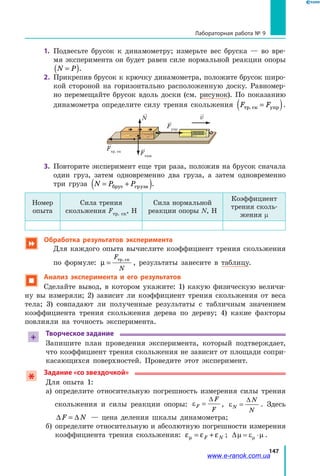 147
Лабораторная работа № 9
1.	 Подвесьте брусок к динамометру; измерьте вес бруска — во вре-
мя эксперимента он будет равен силе нормальной реакции опоры
N P=( ).
2.	 Прикрепив брусок к крючку динамометра, положите брусок широ-
кой стороной на горизонтально расположенную доску. Равномер-
но перемещайте брусок вдоль доски (см. рисунок). По показанию
динамометра определите силу трения скольжения F Fòð. ê óïðс =( ).
v
Fупр
N
Fтяж
Fтр. cк
3.	 Повторите эксперимент еще три раза, положив на брусок сначала
один груз, затем одновременно два груза, а затем одновременно
три груза N P P= +( )брус груза .
Номер
опыта
Сила трения
скольжения Fтр. cк, Н
Сила нормальной
реакции опоры N, Н
Коэффициент
трения сколь-
жения µ
 Обработка результатов эксперимента
	 Для каждого опыта вычислите коэффициент трения скольжения
по формуле: µ =
F
N
тр. кс
, результаты занесите в таблицу.
 Анализ эксперимента и его результатов
Сделайте вывод, в котором укажите: 1) какую физическую величи-
ну вы измеряли; 2) зависит ли коэффициент трения скольжения от веса
тела; 3) совпадают ли полученные результаты с табличным значением
коэффициента трения скольжения дерева по дереву; 4) какие факторы
повлияли на точность эксперимента.
+
Творческое задание
Запишите план проведения эксперимента, который подтверждает,
что коэффициент трения скольжения не зависит от площади сопри-
касающихся поверхностей. Проведите этот эксперимент.
Задание «со звездочкой»
Для опыта 1:
а) определите относительную погрешность измерения силы трения
скольжения и силы реакции опоры: εF
F
F
=
∆
, εN
N
N
=
∆
. Здесь
∆ ∆F N= — цена деления шкалы динамометра;
б) определите относительную и абсолютную погрешности измерения
коэффициента трения скольжения: ε ε εµ = +F N ; ∆µ ε µµ= ⋅ .
www.e-ranok.com.ua
 