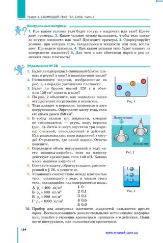 184
Раздел 3. Взаимодействие тел. Сила. Часть II
Контрольные вопросы
1. При каком условии тело будет тонуть в жидкости или газе? Приве­
дите примеры. 2. Какое условие нужно выполнить, чтобы тело плава­
ло внутри жидкости или газа? Приведите примеры. 3. Сформулируйте
условие, при котором тело, находящееся в жидкости или газе, всплы­
вает. Приведите примеры. 4. При каком условии тело будет плавать на
поверхности жидкости? 5. Для чего и как обитатели морей и рек из­
меняют свою плотность?
Упражнение № 28
1. 	Будет ли однородный свинцовый брусок пла­
вать в ртути? в воде? в подсолнечном масле?
2. 	Расположите шарики, изображенные на
рис. 1, в порядке увеличения плотности.
3. 	Будет ли брусок массой 120 г и объе­
мом 150 см3
плавать в воде?
4. 	По рис. 2 объясните, как подводная лодка
осуществляет погружение и всплытие.
5. 	Тело плавает в керосине, полностью в него
погрузившись. Определите массу тела, если
его объем равен 250 см3
.
6. 	В сосуд налили три жидкости, которые
не смешиваются, — ртуть, воду, керосин
(рис. 3). Затем в сосуд опустили три шари­
ка: стальной, пенопластовый и дубовый.
Как расположились слои жидкостей в сосу­
де? Определите, где какой шарик. Ответы
поясните.
7. 	Определите объем погруженной в воду ча­
сти машины-амфибии, если на машину
действует архимедова сила 140 кН. Какова
масса машины-амфибии?
8.	 Составьте задачу, обратную задаче, рассмот­
ренной в § 28, и решите ее.
9. 	Установите соответствие между плотностью
тела, плавающего в воде, и частью этого
тела, находящейся над поверхностью воды.
А ρт = 400 кг/м3
Б ρт = 600 кг/м3
В ρт = 900 кг/м3
Г ρт =1000 кг/м3
1 0
2 0,1
3 0,4
4 0,6
5 0,9
10. 	Прибор для измерения плотности жидкостей называется ареоме­
тром. Воспользовавшись дополнительными источниками информа­
ции, узнайте о строении ареометра и принципе его действия. Напи­
шите инструкцию, как пользоваться ареометром.
Рис. 2
Погружение
Всплытие
Рис. 3
1
2
3
Рис. 1
1
2
3
4
www.e-ranok.com.ua
 