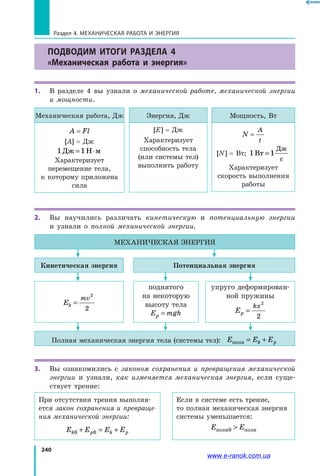 240
Раздел 4. Механическая работа и энергия
ПОДВОДИМ ИТОГИ РАЗДЕЛА 4
«Механическая работа и энергия»
1.	 В разделе 4 вы узнали о механической работе, механической энергии
и мощности.
2. 	 Вы научились различать кинетическую и потенциальную энергии
и  узнали о полной механической энергии.
3.	 Вы ознакомились с законом сохранения и превращения механической
энергии и узнали, как изменяется механическая энергия, если суще­
ствует трение:
A Fl=
[А] = Дж
1 1Дж Н м= ⋅
Характеризует
перемещение тела,
к которому приложена
сила
[E] = Дж
Характеризует
способность тела
(или системы тел)
выполнить работу
N
A
t
=
[N] = Вт; 1 1Вт
Дж
с
=
Характеризует
скорость выполнения
работы
Механическая работа, Дж Энергия, Дж Мощность, Вт
Ek
mv
=
2
2
При отсутствии трения выполня­
ется закон сохранения и превраще-
ния механической энергии:
E E E Ek p k p0 0+ = +
Если в системе есть трение,
то полная механическая энергия
системы уменьшается:
E Eполн полн0 
поднятого
на некоторую
высоту тела
E mghp =
упруго деформирован­
ной пружины
Ep
kx
=
2
2
Механическая энергия
Кинетическая энергия
Полная механическая энергия тела (системы тел): E E Ek pполн = +
Потенциальная энергия
www.e-ranok.com.ua
 