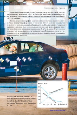 Результаты краш-теста: зависимость
кинетической энергии (сплошная линия)
и энергии деформации (пунктирная
линия) от времени испытания. Ноль
на графике обозначает удар автомобиля
о стену
Энциклопедическая страница
Уничтожать новенький автомобиль совсем не жалко, ведь данные,
полученные в результате таких испытаний, позволяют сохранить десят­
ки человеческих жизней. Объем данных, полученных благодаря краш-
тестам, огромен.
На схеме приведен график зависимости кинетической энергии авто­
мобиля и энергии деформации от времени. Отсчет времени начинается
в момент столкновения автомобиля со стеной. Внимательные учащиеся,
наверное, заметят: если сложить значения энергии деформации и кине­
тической энергии при скорости, скажем, 40 м/с, то сумма будет немного
меньше, чем начальная кинетическая энергия. Это связано с тем, что ис­
ходная кинетическая энергия превратится и в другие виды энергии, не
показанные на графике.
Энергия, кДж
Кинетическая энергия
Энергия деформации
Время, мс0
10
10 20 30 40 50
20
30
40
50
www.e-ranok.com.ua
 
