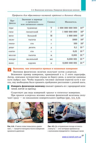 27
§ 4. Физические величины. Измерение физических величин
Префиксы для образования названий кратных и дольных единиц
Пре­
фиксы
Значение в переводе
с греческого
или латинского языка
Символ Множитель
тера- чудовище Т 1 000 000 000 000 1012
гига- гигантский Г 1 000 000 000 109
мега- большой М 1 000 000 106
кило- тысяча к 1000 103
гекто- сто г 100 102
деци- десять д 0,1 10–1
санти- сто с 0,01 10–2
милли- тысяча м 0,001 10–3
микро- маленький мк 0,000 001 10–6
нано- карлик н 0,000 000 001 10–9
4
Выясняем, чем отличаются прямые и косвенные измерения
Значения физических величин получают путем измерений.
Вспомните пример измерения, приведенный в п. 2 этого параграфа.
Автор, описывая путешествие отряда по берегу реки, в качестве единицы
пути выбрал шаг. Чтобы выразить числовое значение (триста) пути в ша-
гах, ему необходимо было сравнить пройденное расстояние с длиной шага.
Измерить физическую величину означает сравнить ее с однородной вели-
чиной, взятой за единицу.
Существует два вида измерений: прямые и косвенные измерения.
При прямом измерении искомое значение физической величины полу-
чают сразу — по показаниям измерительного прибора (рис. 4.4, 4.5).
Рис. 4.4. «У меня снова повысилось давле-
ние», — жалуется женщина после измерения
кровяного давления
Рис. 4.5. До отправления поезда осталось
2 минуты — этот интервал времени вы
с волнением определяете с помощью часов
www.e-ranok.com.ua
 