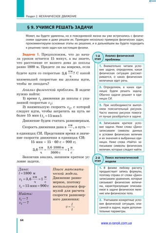 64
Раздел 2. МЕХАНИЧЕСКОЕ ДВИЖЕНИЕ
§ 9. УЧИМСЯ РЕШАТЬ ЗАДАЧИ
	 Может, вы будете удивлены, но в повседневной жизни вы уже встречались с физиче-
скими задачами и даже решали их. Приведем несколько примеров физических задач,
прокомментируем основные этапы их решения, и в дальнейшем вы будете подходить
к решению таких задач как настоящие физики.
Задача 1. Предположим, что до нача­
ла уроков остается 15 минут, а вы знаете,
что расстояние от вашего дома до школы
равно 1800 м. Придете ли вы вовремя, если
будете идти со скоростью 3 6,
км
ч
? С какой
наименьшей скоростью вы должны идти,
чтобы не опоздать?
Анализ физической проблемы. В задаче
нужно найти:
1) время t1 движения до школы с  ука­
занной скоростью v1;
2) наименьшую скорость v2, с которой
следует идти, чтобы затратить на путь не
более 15 мин (t2 15= мин).
Движение будем считать равномерным.
Скорость движения дана в
км
ч
, а путь —
в единицах СИ. Представим время и значе­
ние скорости движения в единицах СИ:
15 мин = 15 ∙ 60 с = 900 с;
3 6 1
3 6 1000
3600
,
,км
ч
м
с
м
с
= =
⋅
.
Закончив анализ, запишем краткое ус­
ловие задачи.
Дано:
l =1800 м
v1 = =3,6 1
км
ч
м
с
t2 15 мин 900 c= =
Поиск математи­
ческой модели.
Движение равно­
мерное, поэтому
воспользуемся фор­
мулой для расчета
скорости равномер­
ного движения:
v
l
t
= .
Найти:
t1 ?—?
v2 ?—?
1-й
етап
Анализ физической
проблемы
1.	 Внимательно читаем усло-
вие задачи, определяем, какая
физическая ситуация рассмат­
ривается, о каких физических
величинах идет речь.
2.	 Определяем, в каких еди-
ницах будем решать задачу.
Обычно задачи решают в еди-
ницах СИ.
3.	При необходимости выпол-
няем пояснительный рисунок.
Часто именно рисунок помога-
ет лучше разобраться в задаче.
4.	 Записываем краткое усло-
вие задачи. Ниже слова «Дано»
записываем символы данных
в  условии физических величин
и их значения в выбранных еди-
ницах. Ниже слова «Найти» за-
писываем символы физических
величин, которые следует найти.
1-й
этап
2-й
етап
Поиск математической
модели
1.	 В физике любому расчету
предшествует запись формулы,
поэтому справа от слова «Дано»
записываем уравнения, которые
связывают физические величи-
ны, характеризующие описыва-
емое в задаче физическое явле-
ние или физическое тело.
2.	 Учитываем конкретные усло-
вия физической ситуации, опи-
санной в задаче, ищем дополни-
тельные параметры.
2-й
этап
www.e-ranok.com.ua
 