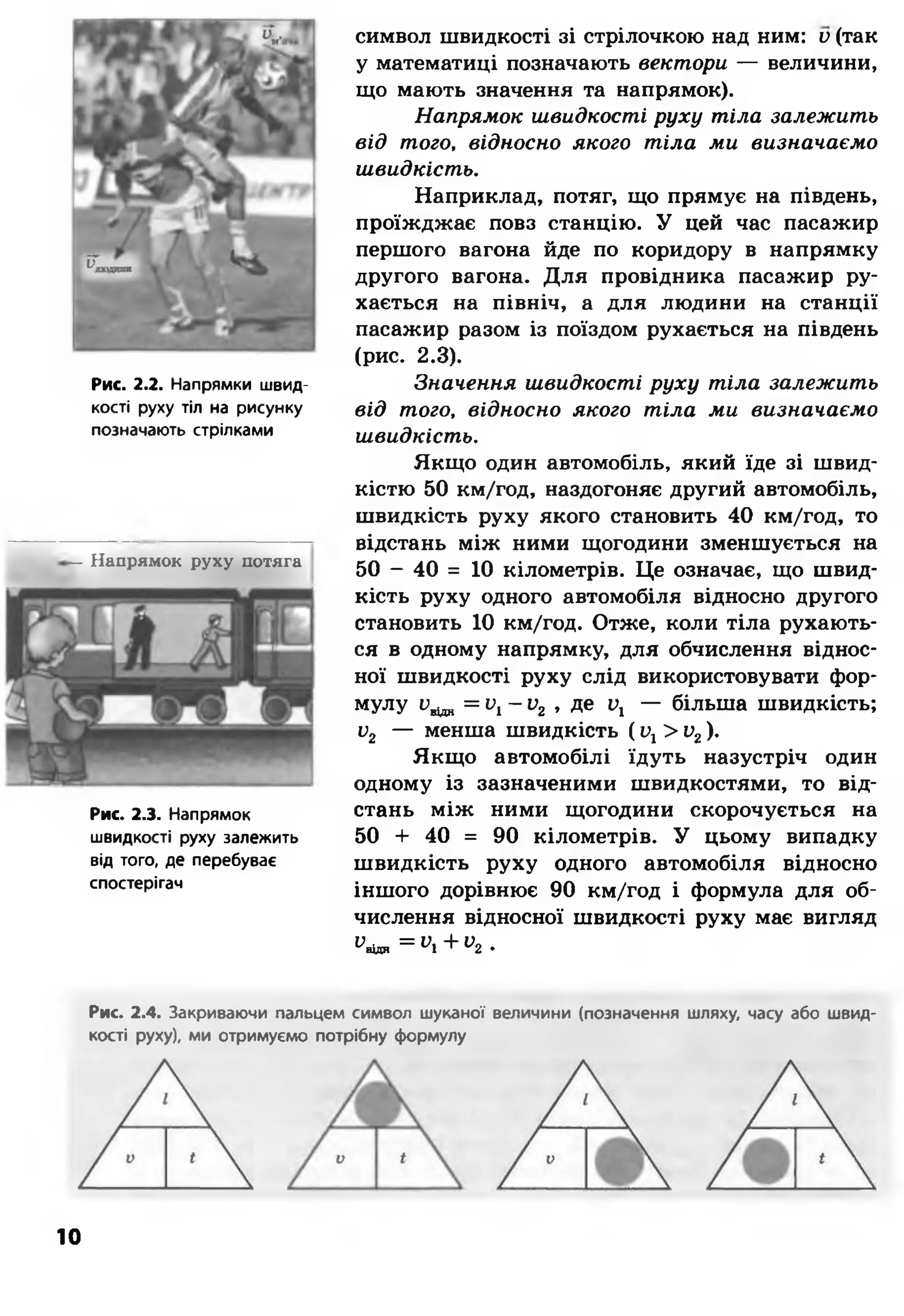 Рис. 2.2. Напрямки швид­
кості руху тіл на рисунку
позначають стрілками
— Напрямок руху потяга
Рис. 2.3. Напрямок
швидкості руху залежить
від того, де перебуває
спостерігач
символ швидкості зі стрілочкою над ним: у (так
у математиці позначають вектори — величини,
що мають значення та напрямок).
Напрямок швидкості руху тіла залежить
від того, відносно якого тіла ми визначаємо
швидкість.
Наприклад, потяг, що прямує на південь,
проїжджає повз станцію. У цей час пасажир
першого вагона йде по коридору в напрямку
другого вагона. Для провідника пасажир ру­
хається на північ, а для людини на станції
пасажир разом із поїздом рухається на південь
(рис. 2.3).
Значення швидкості руху тіла залежить
від того, відносно якого тіла ми визначаємо
швидкість.
Якщо один автомобіль, який їде зі швид­
кістю 50 км/год, наздогоняє другий автомобіль,
швидкість руху якого становить 40 км/год, то
відстань між ними щогодини зменшується на
50 - 40 = 10 кілометрів. Це означає, що швид­
кість руху одного автомобіля відносно другого
становить 10 км/год. Отже, коли тіла рухають­
ся в одному напрямку, для обчислення віднос­
ної швидкості руху слід використовувати фор­
мулу у ^ = у, - у 2 , де у, — більша швидкість;
у 2 — менша швидкість ( у, > у 2 ).
Якщо автомобілі їдуть назустріч один
одному із зазначеними швидкостями, то від­
стань між ними щогодини скорочується на
50 + 40 = 90 кілометрів. У цьому випадку
швидкість руху одного автомобіля відносно
іншого дорівнює 90 км/год і формула для об­
числення відносної швидкості руху має вигляд
^відя = ”і+1>2 .
Рис. 2.4. Закриваючи пальцем символ шуканої величини (позначення шляху, часу або швид­
кості руху), ми отримуємо потрібну формулу
10
 