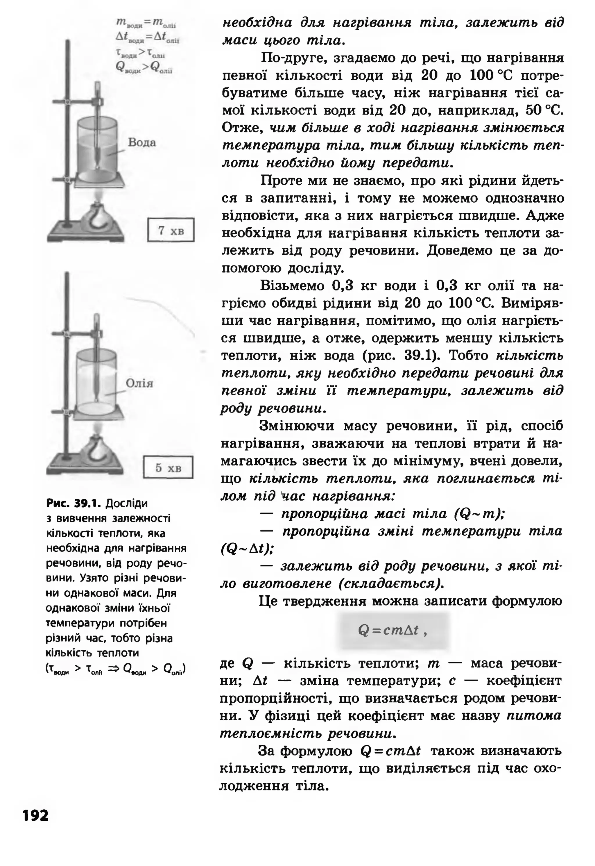 Рис. 39.1. Досліди
з вивчення залежності
кількості теплоти, яка
необхідна для нагрівання
речовини, від роду речо­
вини. Узято різні речови­
ни однакової маси. Для
однакової зміни їхньої
температури потрібен
різний час, тобто різна
кількість теплоти
(Т.ОД* > толг, => с и , > 0„„„)
необхідна для нагрівання тіла, залежить від
маси цього тіла.
По-друге, згадаємо до речі, що нагрівання
певної кількості води від 20 до 100 °С потре­
буватиме більше часу, ніж нагрівання тієї са­
мої кількості води від 20 до, наприклад, 50 °С.
Отже, чим більше в ході нагрівання змінюється
температура тіла, тим більшу кількість теп­
лоти необхідно йому передати.
Проте ми не знаємо, про які рідини йдеть­
ся в запитанні, і тому не можемо однозначно
відповісти, яка з них нагріється швидше. Адже
необхідна для нагрівання кількість теплоти за­
лежить від роду речовини. Доведемо це за до­
помогою досліду.
Візьмемо 0,3 кг води і 0,3 кг олії та на­
гріємо обидві рідини від 20 до 100 °С. Виміряв­
ши час нагрівання, помітимо, що олія нагрієть­
ся швидше, а отже, одержить меншу кількість
теплоти, ніж вода (рис. 39.1). Тобто кількість
теплоти, яку необхідно передати речовині для
певної зміни її температури, залежить від
роду речовини.
Змінюючи масу речовини, її рід, спосіб
нагрівання, зважаючи на теплові втрати й на­
магаючись звести їх до мінімуму, вчені довели,
що кількість теплоти, яка поглинається ті­
лом під "час нагрівання:
— пропорційна масі тіла (()~ т );
— пропорційна зміні температури тіла
(Я ~ М );
— залежить від роду речовини, з якої ті­
ло виготовлене (складається).
Це твердження можна записати формулою
(2= ст А ї,
де <? — кількість теплоти; т — маса речови­
ни; Аї — зміна температури; с — коефіцієнт
пропорційності, що визначається родом речови­
ни. У фізиці цей коефіцієнт має назву питома
теплоємність речовини.
За формулою (5= стД£ також визначають
кількість теплоти, що виділяється під час охо­
лодження тіла.
192
 