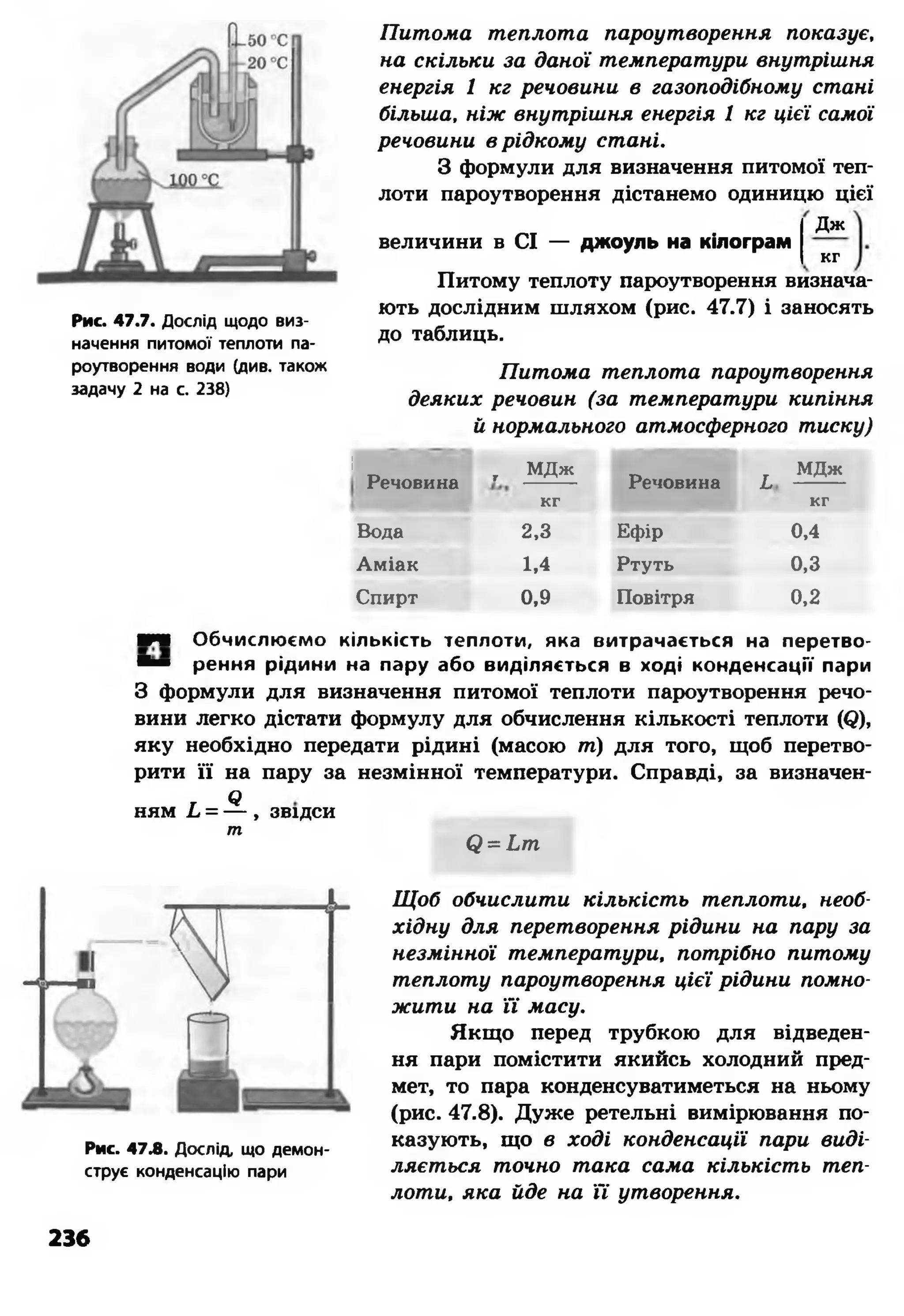 Рис. 47.7. Дослід щодо виз­
начення питомої теплоти па­
роутворення води (див. також
задачу 2 на с. 238)
Питома теплота пароутворення показує,
на скільки за даної температури внутрішня
енергія 1 кг речовини в газоподібному стані
більша, ніж внутрішня енергія 1 кг цієї самої
речовини в рідкому стані.
З формули для визначення питомої теп­
лоти пароутворення дістанемо одиницю цієї
величини в СІ — джоуль на кілограм
Дж
кг
Питому теплоту пароутворення визнача­
ють дослідним шляхом (рис. 47.7) і заносять
до таблиць.
Питома теплота пароутворення
деяких речовин (за температури кипіння
й нормального атмосферного тиску)
11
Речовина
7 МДж
Речовина
^ МДж
К Г К Г
Вода 2,3 Ефір 0,4
Аміак 1,4 Ртуть 0,3
Спирт 0,9 Повітря 0,2
ят Обчислюємо кількість теплоти, яка витрачається на перетво-
■ » рення рідини на пару або виділяється в ході конденсації пари
З формули для визначення питомої теплоти пароутворення речо­
вини легко дістати формулу для обчислення кількості теплоти (в),
яку необхідно передати рідині (масою т) для того, щоб перетво­
рити її на пару за незмінної температури. Справді, за визначен-
Т 9
ням Ь = ---, ЗВІДСИ
т „
(2= Ьт
Рис. 47Л . Дослід, що демон­
струє конденсацію пари
Щоб обчислити кількість теплоти, необ­
хідну для перетворення рідини на пару за
незмінної температури, потрібно питому
теплоту пароутворення цієї рідини помно­
жити на Ті масу.
Якщо перед трубкою для відведен­
ня пари помістити якийсь холодний пред­
мет, то пара конденсуватиметься на ньому
(рис. 47.8). Дуже ретельні вимірювання по­
казують, що в ході конденсації пари виді­
ляється точно така сама кількість теп­
лоти, яка йде на Ті утворення.
236
 
